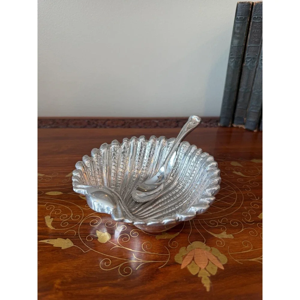Vintage Shell Dish with‎ Spoon, Hand Cast Metal Scallop Bowl